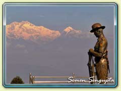 Kanchendzonga range with War Memorial as seen from Batasia Loop, Darjeeling, Bengal