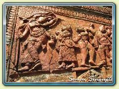 Terracotta works on the walls of temple at Hadal Narayanpur